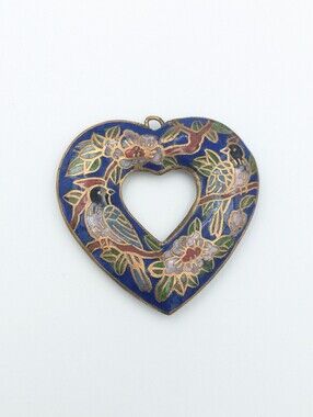 Vintage Double Sided Cloisonné Heart Pendant Blue Enamel Birds Floral